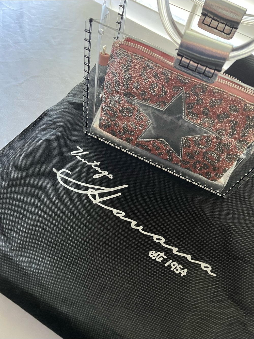 Vintage Havana Clear Stadium Bag with Glitter Leopard Pouch